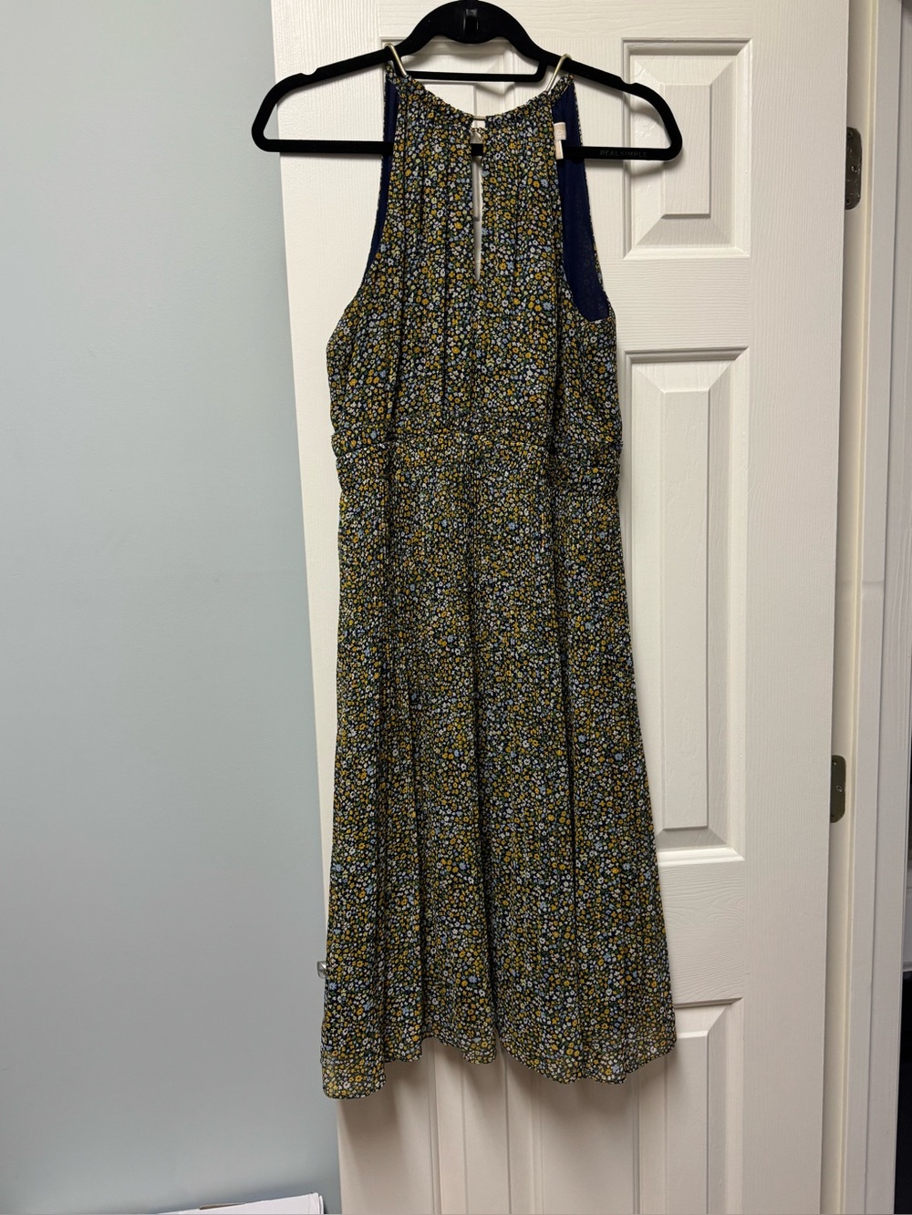 MICHAEL Michael Kors Navy Midi Dress with Yellow and Light Blue Floral Print